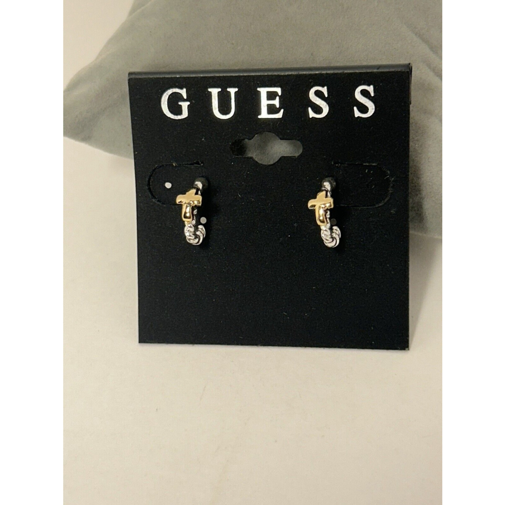 Guess Brand Faith Cross Huggie Earrings Gold and Silver Toned Pierced